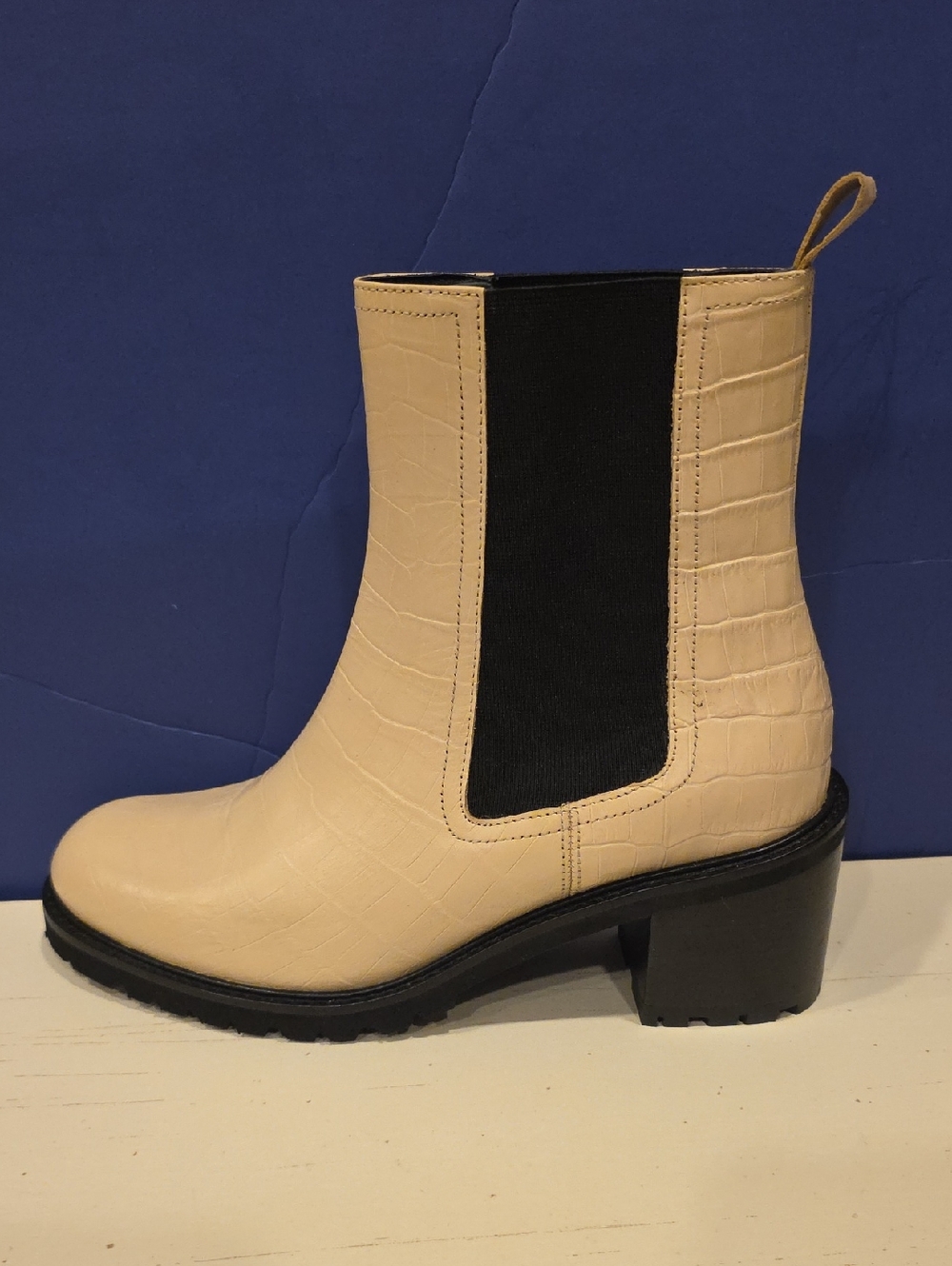 Everene Sheychelles Cream Croc-Embossed Chelsea Boot with Black Elastic Panels